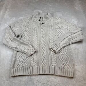 Old Navy Men's XL Cable Knit Button Mock Neck Sweater Beige Lambswool Blend